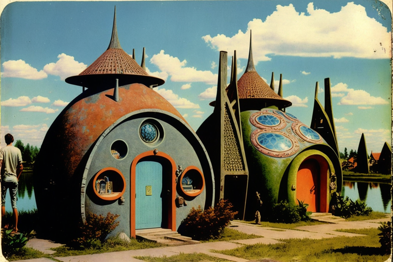 scanned vintage Teich postcard (or Tichnor postcard) of a Solarpunk community. 1950s. Mayan Revival architecture. pre-Columbian.png
