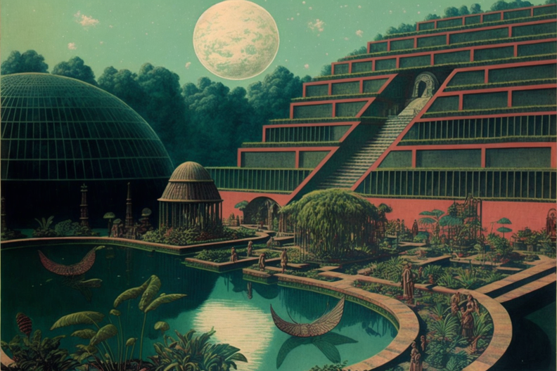 scanned vintage Tichnor postcard of the Solarpunk town. Mayan Revival architecture..png