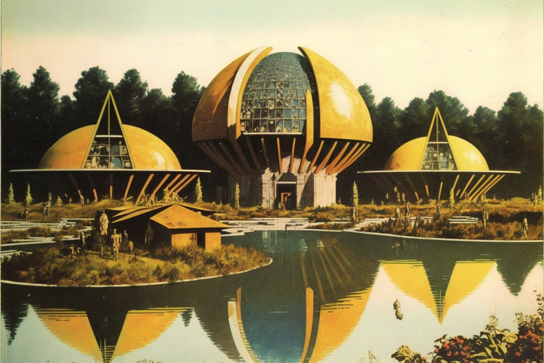 scanned vintage Tichnor postcard of the Solarpunk community of Toshebrod Strutoše, also know as Vevdareš. 1970s.png