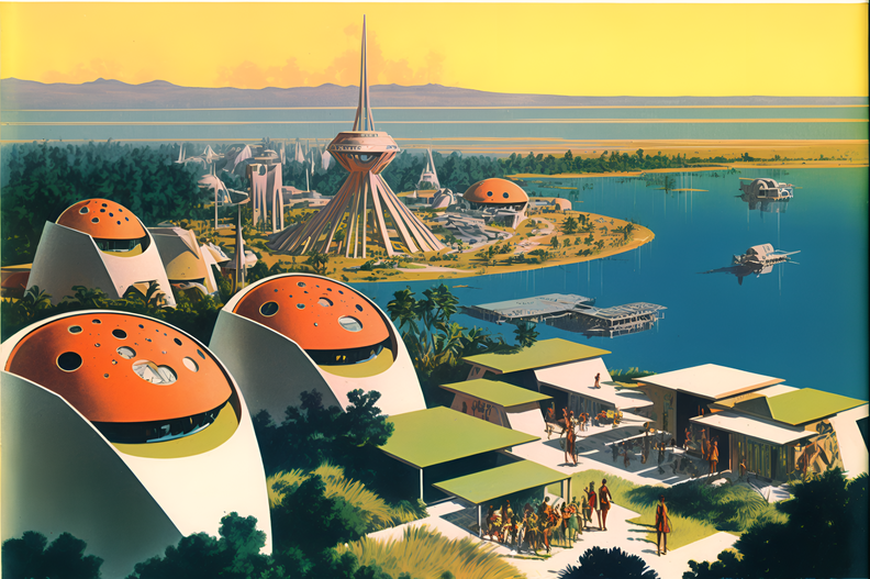 scanned vintage Tichnor postcard of the small Solarpunk community of Mirador de Estero, CA. 1960s experimental bio-architecture.view high above the bay CANISTERS upscale.png