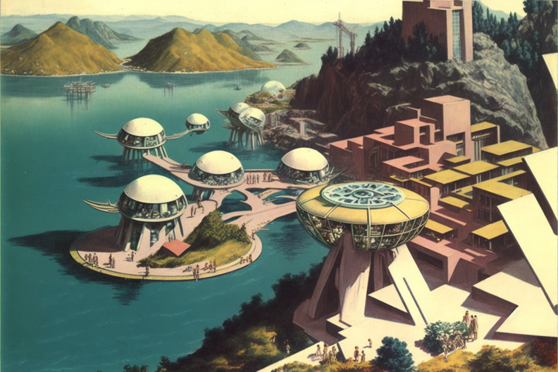 scanned vintage Tichnor postcard of the small Solarpunk community of Mirador de Estero, CA. 1960s experimental bio-architecture. view high above the bay.png