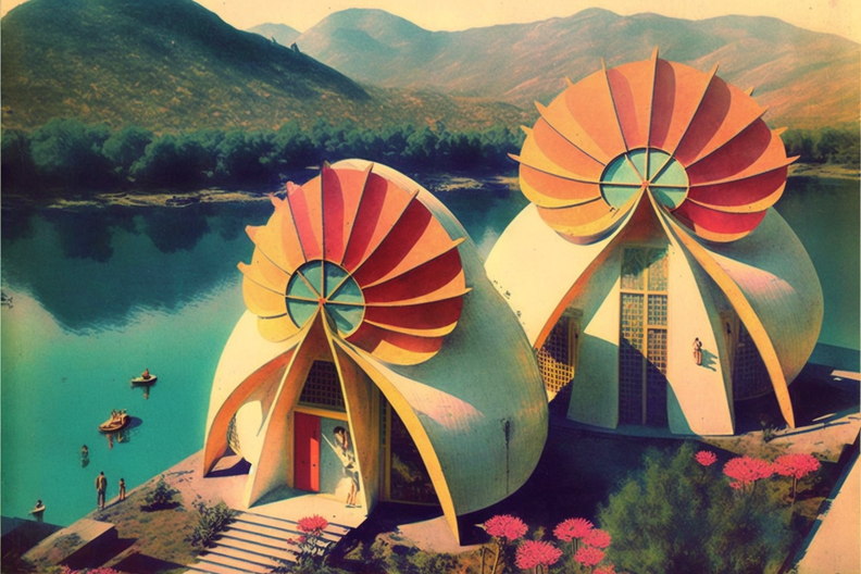 scanned vintage Tichnor postcard of the small Solarpunk community of Mirador de Estero, CA. 1960s experimental bio-architecture.view high above the bay ONION.png