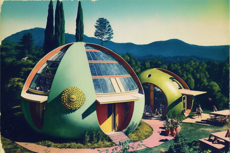 scanned vintage Tichnor postcard of the independant Solarpunk community of Mirador de Estero, CA BAUBLE.png