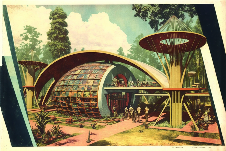 scanned vintage Tichnor postcard of the independant Solarpunk community of Mirador de Estero, CA BARREL.png