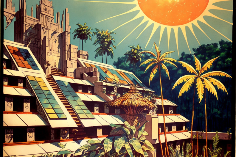 scanned vintage Tichnor postcard of the Solarpunk town. Mayan Revival architecture. harmony with nature. urbanism.png