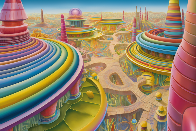 rainbow-colored habitation colony as seen on alien plane c6252ea1-a9b0-4946-aaa9-5c5c11714fb6.png