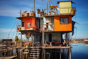 temporary housing built on piles in the tiny Solarpunk v 7f484587-f84e-4e07-a759-6521d565f93b