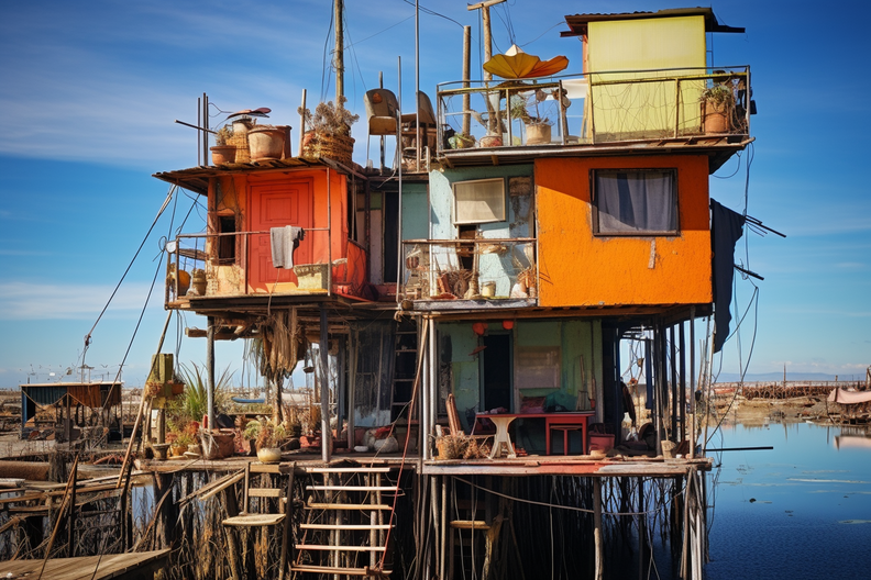 temporary housing built on piles in the tiny Solarpunk v 7f484587-f84e-4e07-a759-6521d565f93b.png
