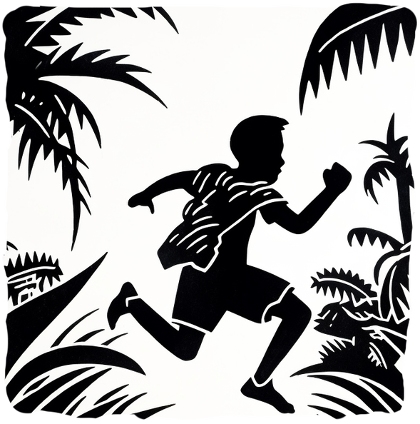 linocut blockprint of a boy running from a ferocious hun 0b14df6b-1335-4278-b3e3-cde5ebdab924.png